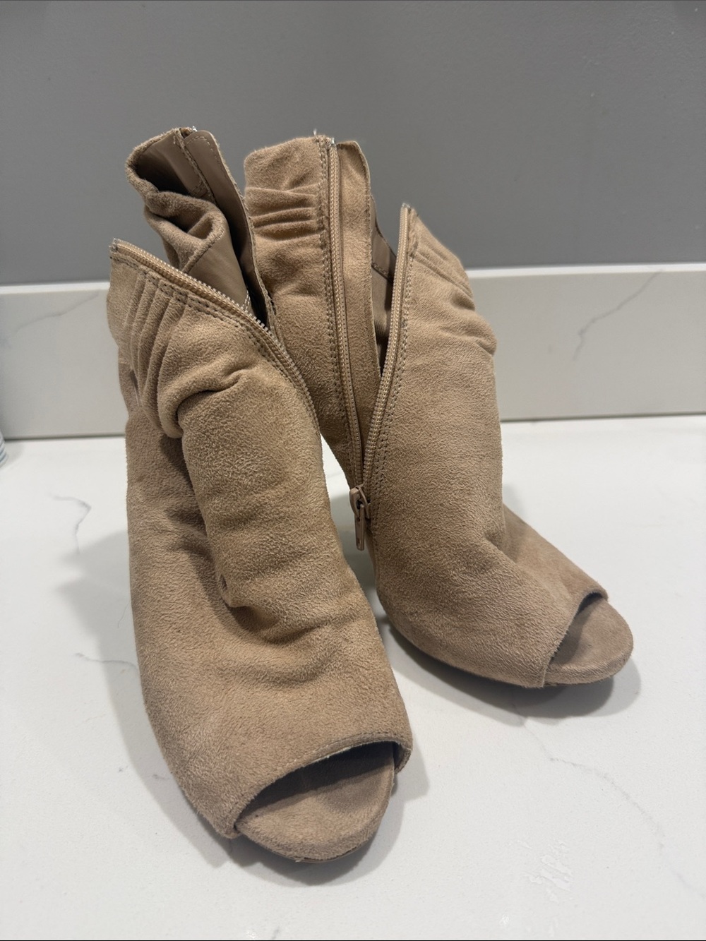 Wild Diva Taupe Open-Toe Zippered Ankle Booties